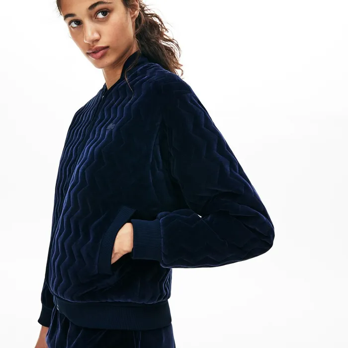 ChevronStitch Velour Cropped Varsity Jacket Navy Blue Womens Lacoste Jackets and Coats Gift 4 You