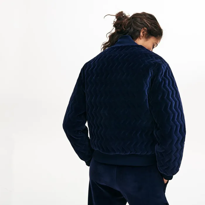 ChevronStitch Velour Cropped Varsity Jacket Navy Blue Womens Lacoste Jackets and Coats Gift 4 You