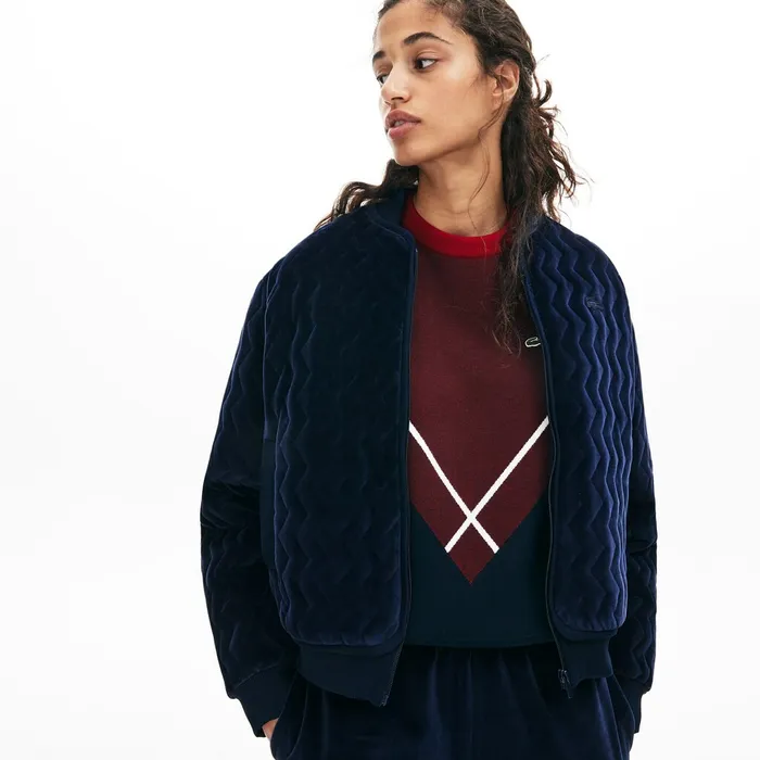 ChevronStitch Velour Cropped Varsity Jacket Navy Blue Womens Lacoste Jackets and Coats Gift 4 You