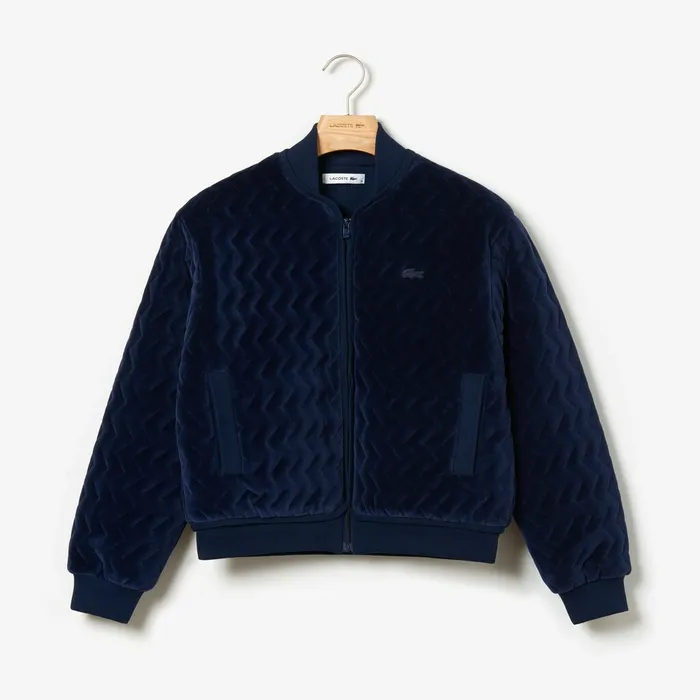 ChevronStitch Velour Cropped Varsity Jacket Navy Blue Womens Lacoste Jackets and Coats Gift 4 You
