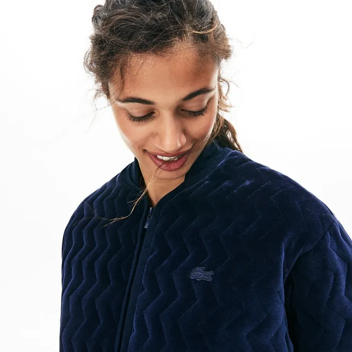 ChevronStitch Velour Cropped Varsity Jacket Navy Blue Womens Lacoste Jackets and Coats Gift 4 You