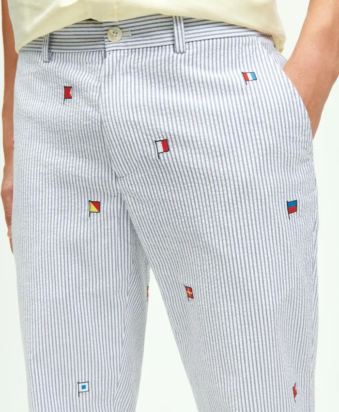 Chinos andamp Casual Pants Men Brooks Brothers Stretch Cotton Seersucker Flag Embroidered Chino Pants Blue