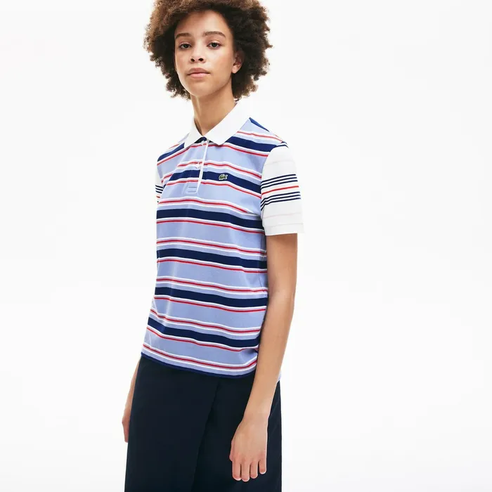 Classic Fit Striped Cotton Polo Shirt PurpleNavy BlueWhiteRedLight Pink Womens Lacoste Polos Gift Ideas