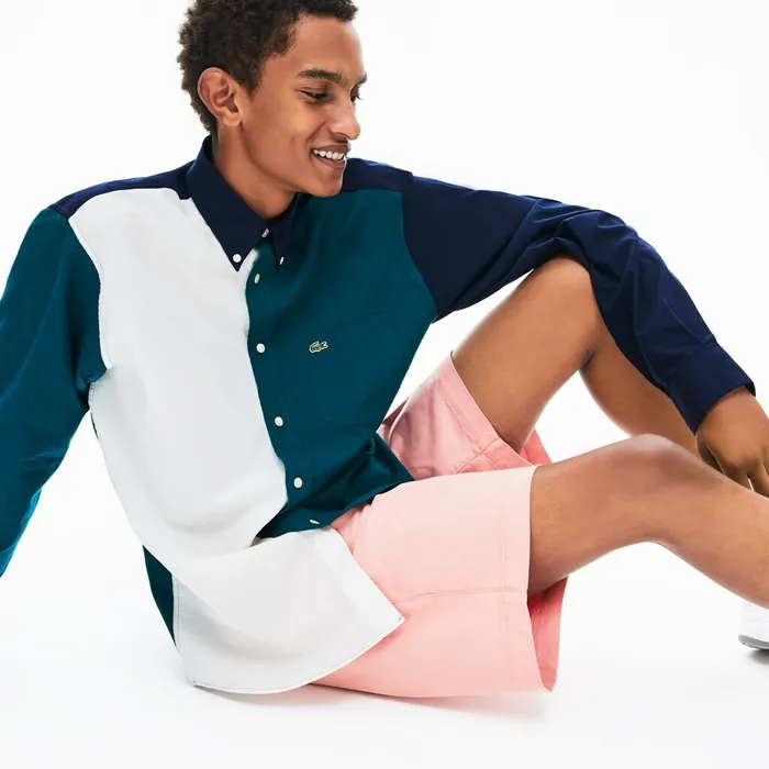 ColorBlock Cotton Shirt Navy BlueGreenWhite Mens Lacoste Button Down Shirts Gift for Friend