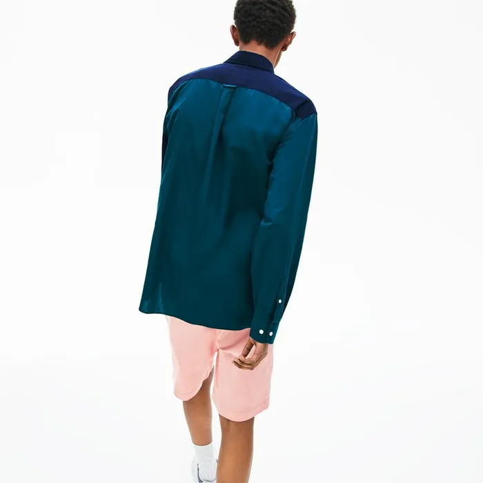 ColorBlock Cotton Shirt Navy BlueGreenWhite Mens Lacoste Button Down Shirts Gift for Friend