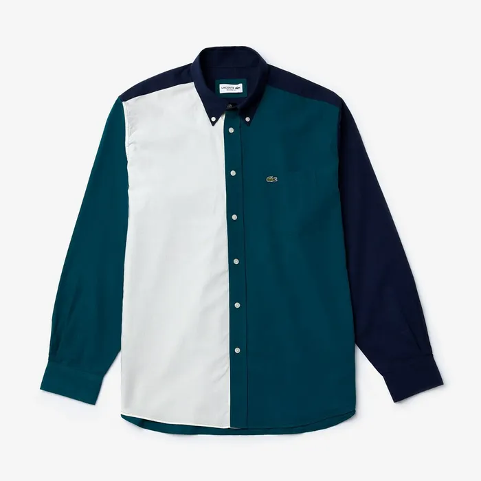 ColorBlock Cotton Shirt Navy BlueGreenWhite Mens Lacoste Button Down Shirts Gift for Friend
