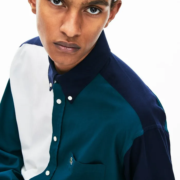 ColorBlock Cotton Shirt Navy BlueGreenWhite Mens Lacoste Button Down Shirts Gift for Friend