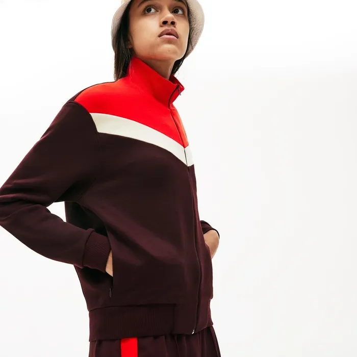 ColorBlock Fleece Zip Up Sweatshirt BordeauxBeigeRed Womens Lacoste Sweaters and Sweatshirts Popular