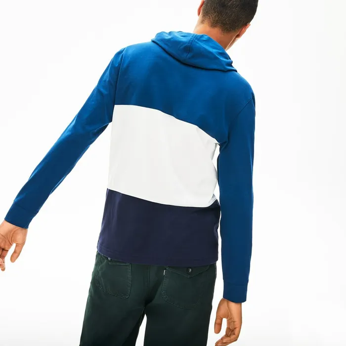 Color Block Long Sleeved Sweatshirt Navy BlueWhiteBlue Mens Lacoste TShirts USA