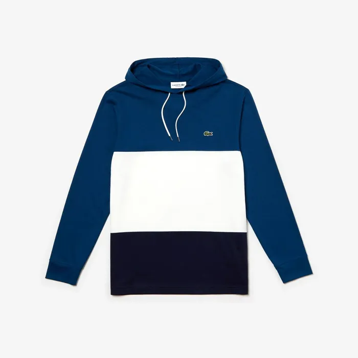 Color Block Long Sleeved Sweatshirt Navy BlueWhiteBlue Mens Lacoste TShirts USA