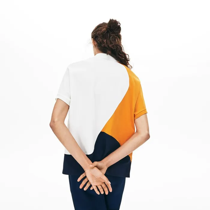 ColorBlock Thermoregulating Piqu Polo Navy BlueWhiteOrange Womens Lacoste Polos Outlet Factory