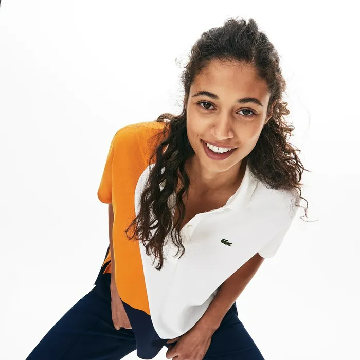 ColorBlock Thermoregulating Piqu Polo Navy BlueWhiteOrange Womens Lacoste Polos Outlet Factory