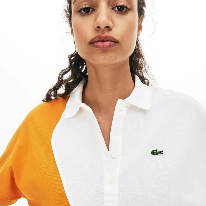 ColorBlock Thermoregulating Piqu Polo Navy BlueWhiteOrange Womens Lacoste Polos Outlet Factory