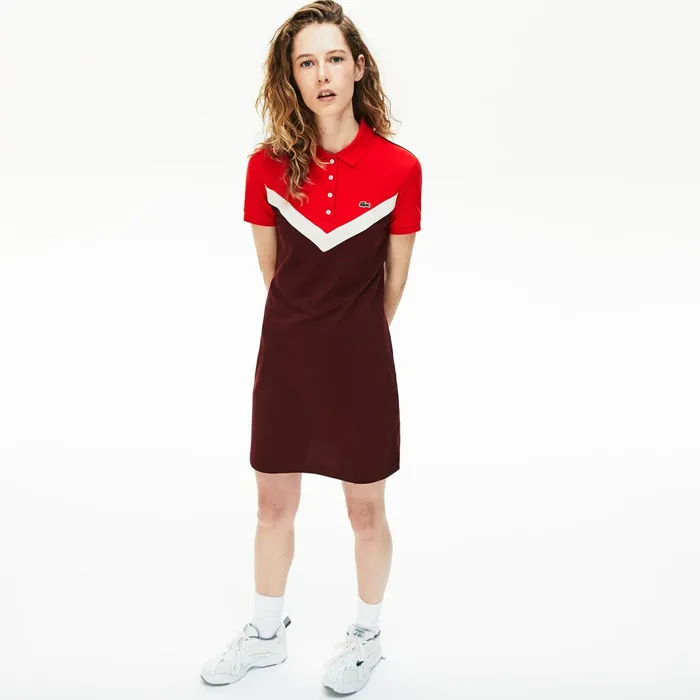 ColorBlocked Stretch Cotton Polo Dress BordeauxBeigeRed Womens Lacoste Dresses and Skirts Gift 4 You