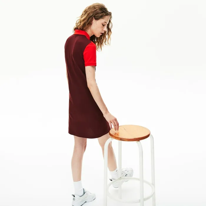 ColorBlocked Stretch Cotton Polo Dress BordeauxBeigeRed Womens Lacoste Dresses and Skirts Gift 4 You
