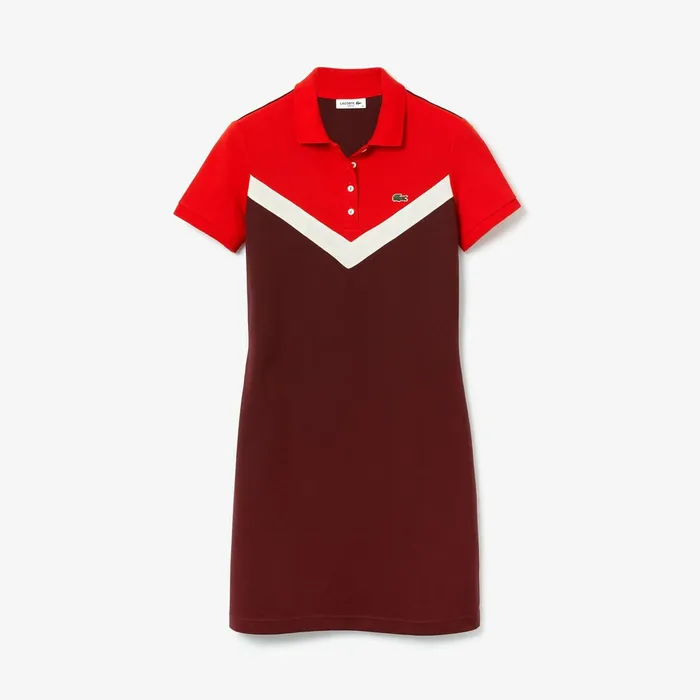 ColorBlocked Stretch Cotton Polo Dress BordeauxBeigeRed Womens Lacoste Dresses and Skirts Gift 4 You