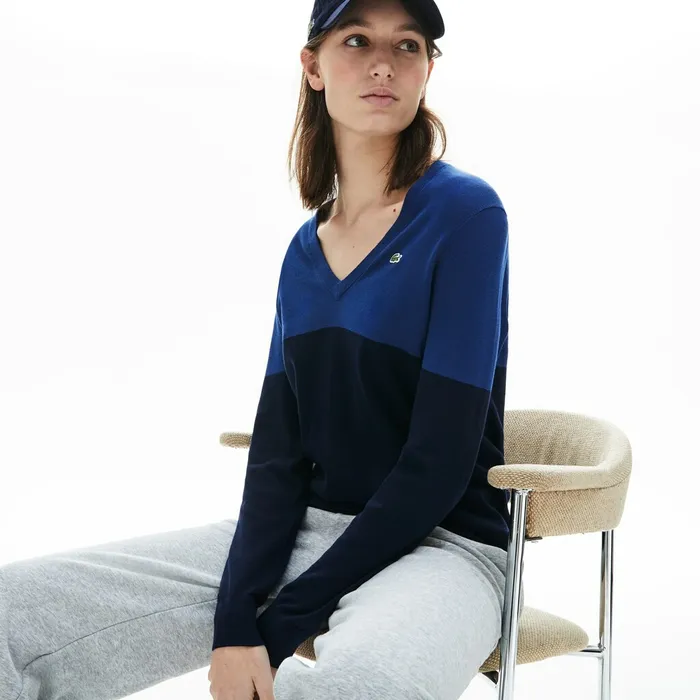 Colorblock Cotton Vneck Sweater Navy Blue Womens Lacoste Sweaters and Sweatshirts Near Me