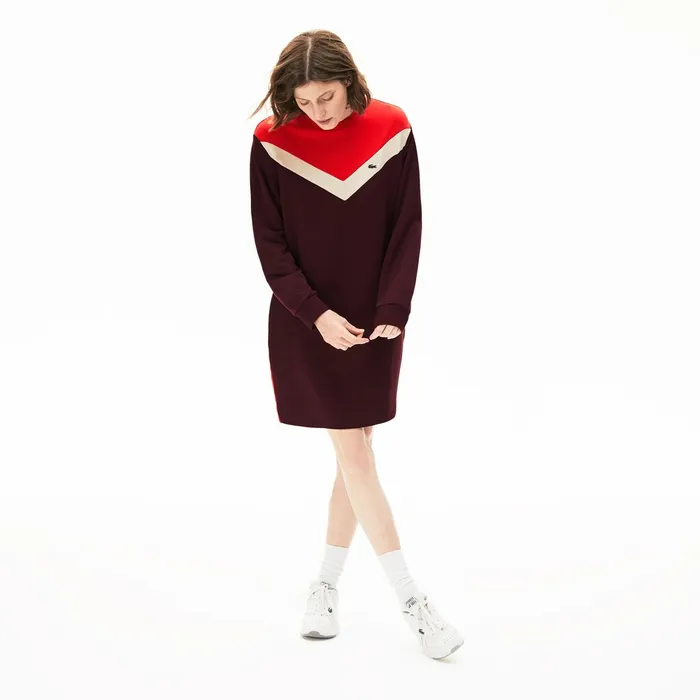 Colorblock Fleece Sweatshirt Dress BordeauxBeigeRed Womens Lacoste Dresses and Skirts Casaul