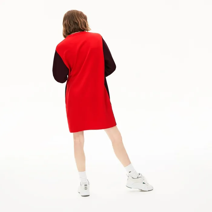 Colorblock Fleece Sweatshirt Dress BordeauxBeigeRed Womens Lacoste Dresses and Skirts Casaul