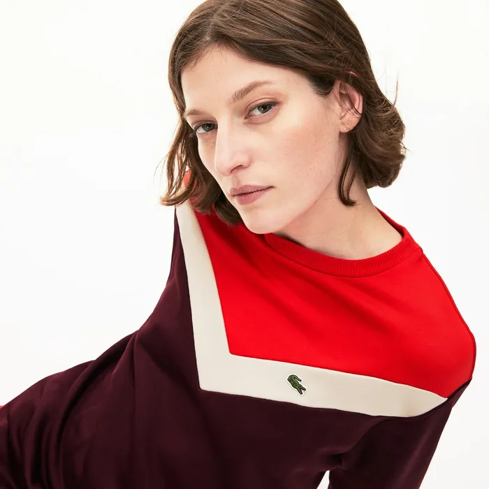 Colorblock Fleece Sweatshirt Dress BordeauxBeigeRed Womens Lacoste Dresses and Skirts Casaul