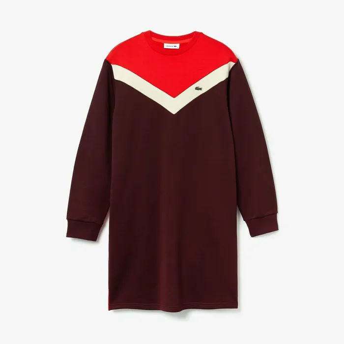 Colorblock Fleece Sweatshirt Dress BordeauxBeigeRed Womens Lacoste Dresses and Skirts Casaul