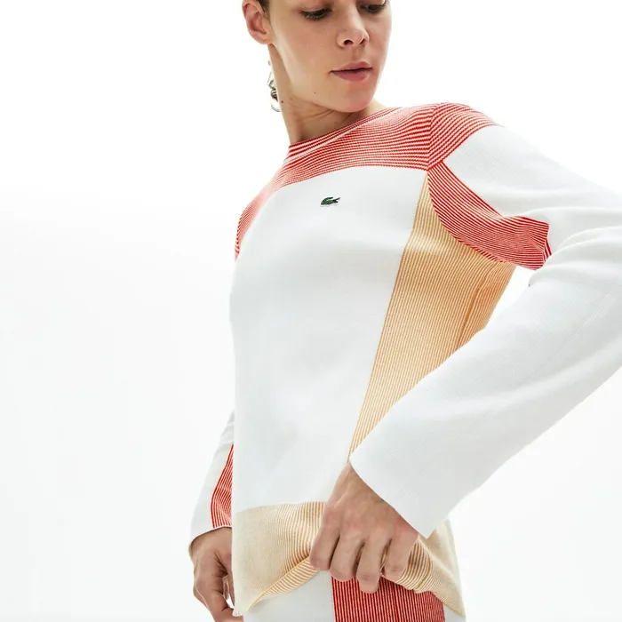 Colorblock Knit Crew Neck Sweater WhiteLight BrownRed Womens Lacoste Sweaters and Sweatshirts Gift for Friend