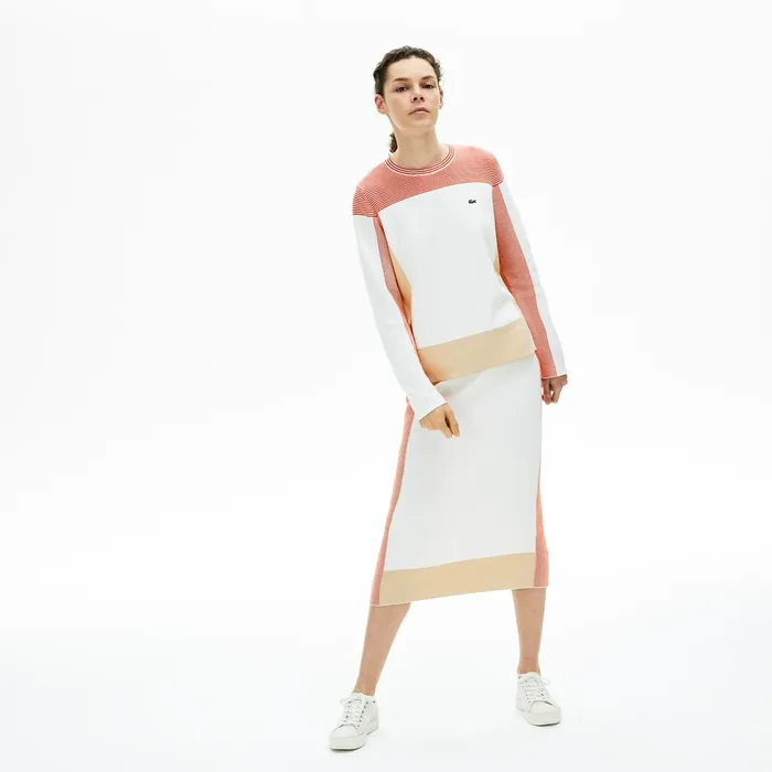 Colorblock Knit Crew Neck Sweater WhiteLight BrownRed Womens Lacoste Sweaters and Sweatshirts Gift for Friend