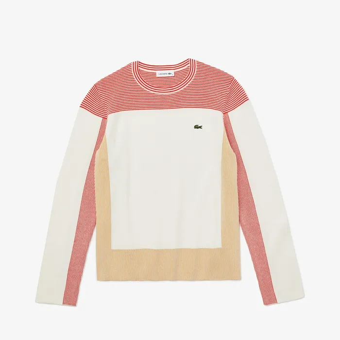 Colorblock Knit Crew Neck Sweater WhiteLight BrownRed Womens Lacoste Sweaters and Sweatshirts Gift for Friend