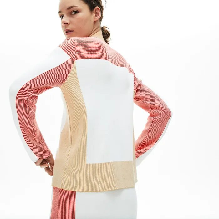 Colorblock Knit Crew Neck Sweater WhiteLight BrownRed Womens Lacoste Sweaters and Sweatshirts Gift for Friend