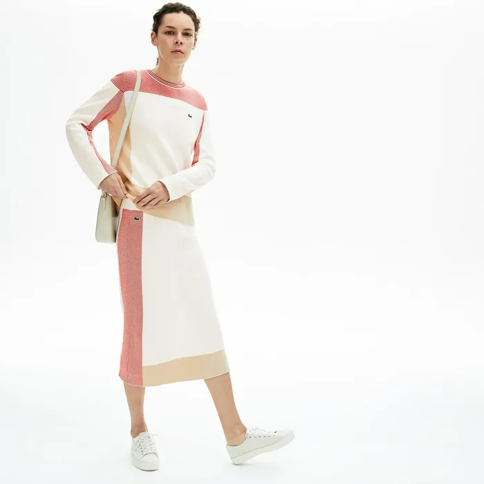 Colorblock Pencil Skirt WhiteLight BrownRed Womens Lacoste Dresses and Skirts Online