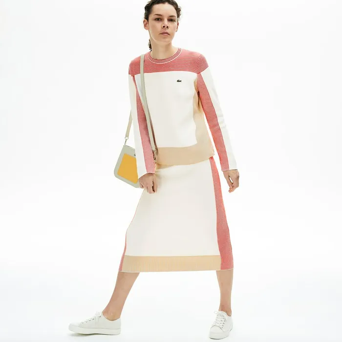 Colorblock Pencil Skirt WhiteLight BrownRed Womens Lacoste Dresses and Skirts Online