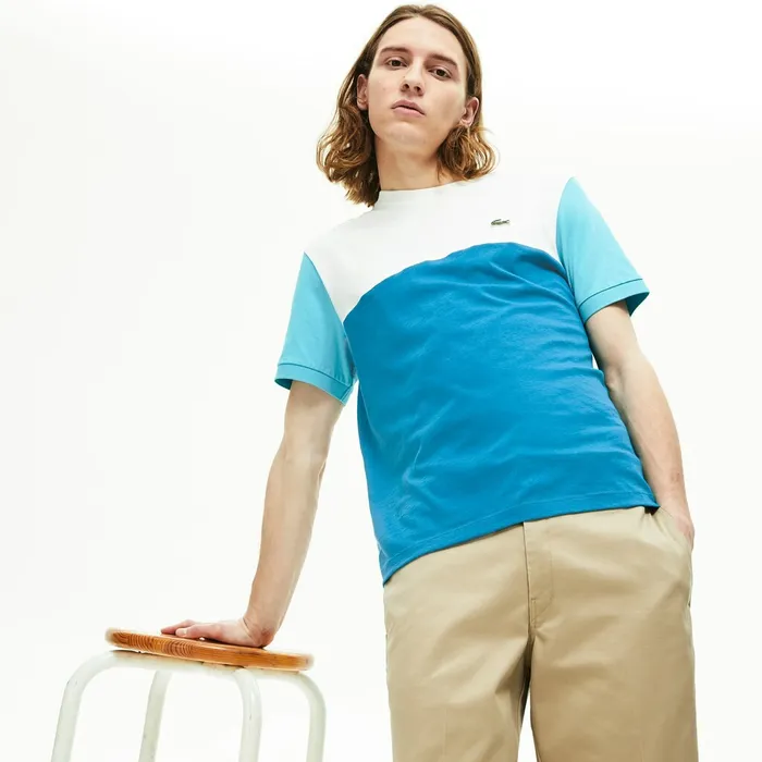 Colorblock Regular Fit Cotton Jersey Tshirt BlueWhiteTurquoise Mens Lacoste TShirts Gift for Friend