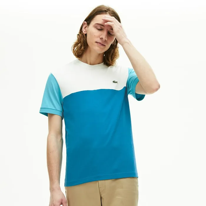 Colorblock Regular Fit Cotton Jersey Tshirt BlueWhiteTurquoise Mens Lacoste TShirts Gift for Friend