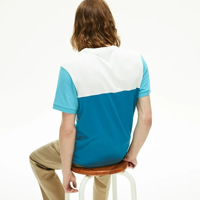 Colorblock Regular Fit Cotton Jersey Tshirt BlueWhiteTurquoise Mens Lacoste TShirts Gift for Friend