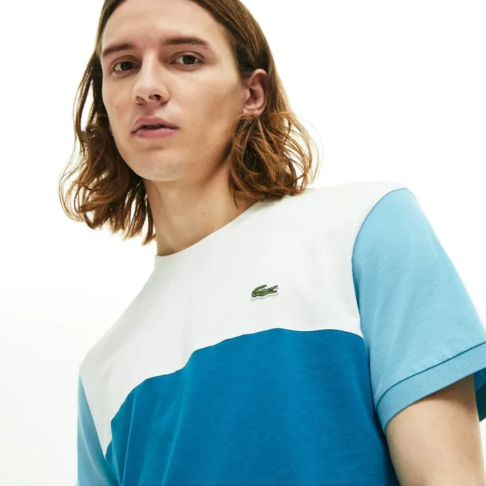 Colorblock Regular Fit Cotton Jersey Tshirt BlueWhiteTurquoise Mens Lacoste TShirts Gift for Friend