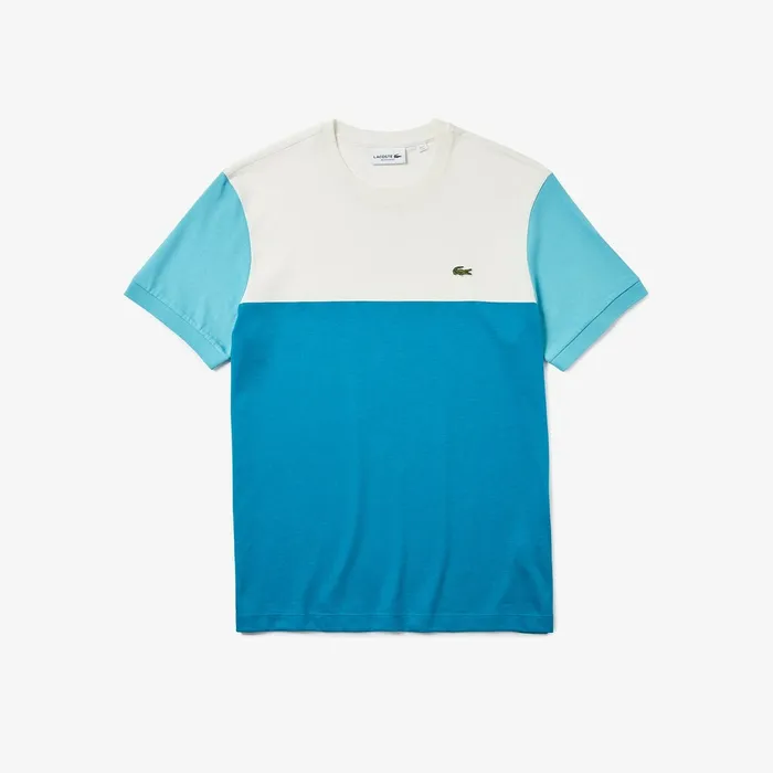 Colorblock Regular Fit Cotton Jersey Tshirt BlueWhiteTurquoise Mens Lacoste TShirts Gift for Friend
