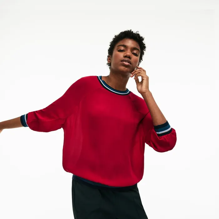 Contrast Accents Silk Crepe Top Persian Red Womens Lacoste Shirts and Tops Shop Online