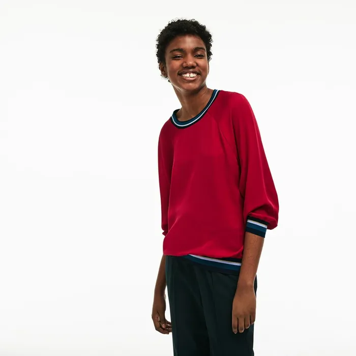 Contrast Accents Silk Crepe Top Persian Red Womens Lacoste Shirts and Tops Shop Online