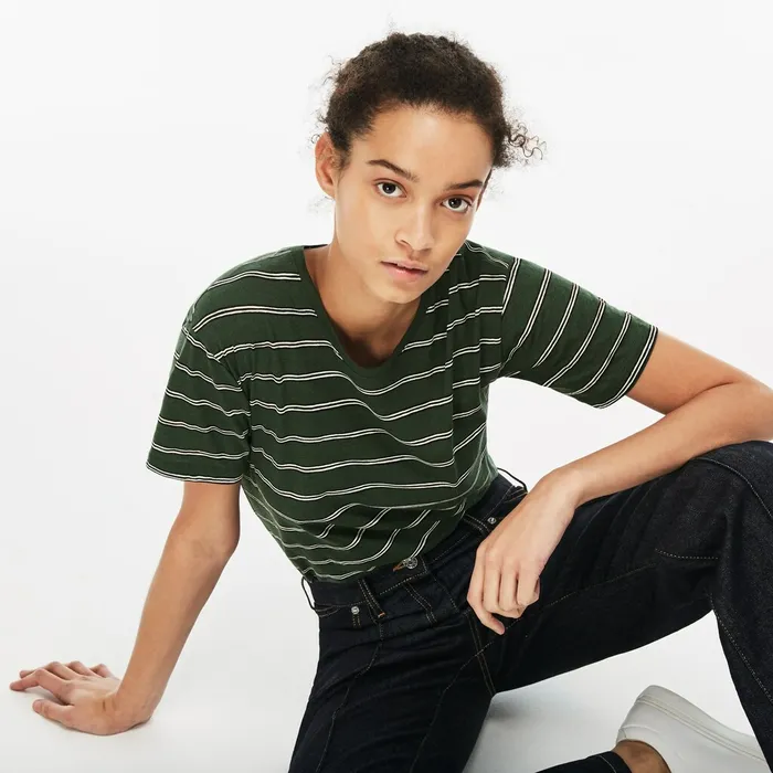 Cotton And Linen TShirt Green Womens Lacoste TShirts Casaul