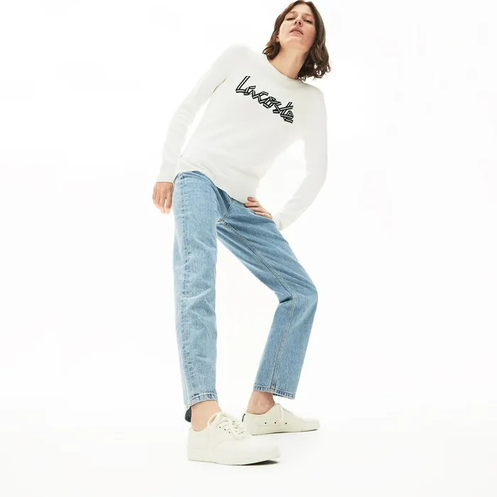 Cotton Crew Neck Sweater White Womens Lacoste Sweaters and Sweatshirts Popular