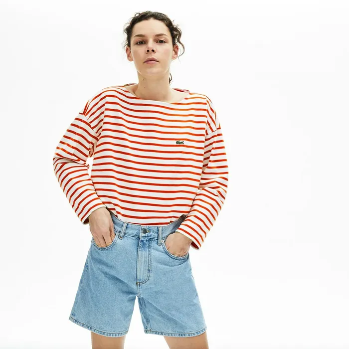 Cotton Nautical Striped TShirt WhiteRed Womens Lacoste TShirts Gift for Friend