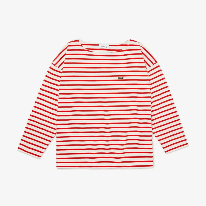 Cotton Nautical Striped TShirt WhiteRed Womens Lacoste TShirts Gift for Friend