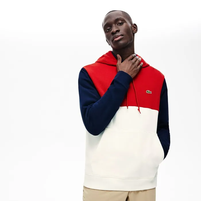 CottonPiqu and French Terry Colorblock Sweatshirt WhiteRedNavy Blue Mens Lacoste Sweatshirts Popular
