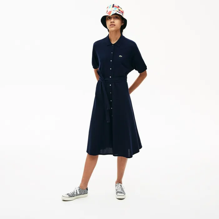 Cotton Piqu Belted Polo Dress Navy Blue Womens Lacoste Dresses and Skirts Gift 4 You
