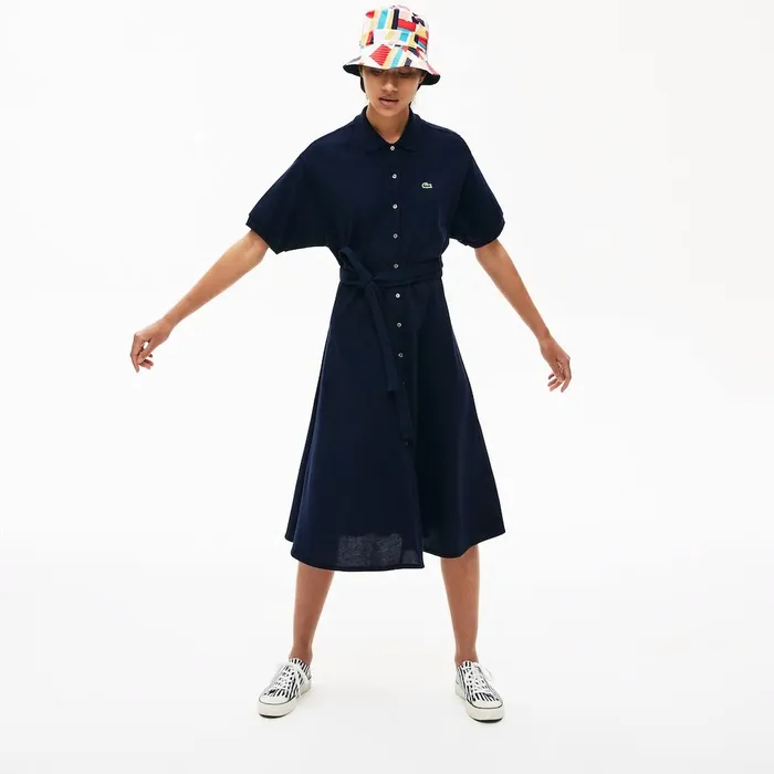 Cotton Piqu Belted Polo Dress Navy Blue Womens Lacoste Dresses and Skirts Gift 4 You