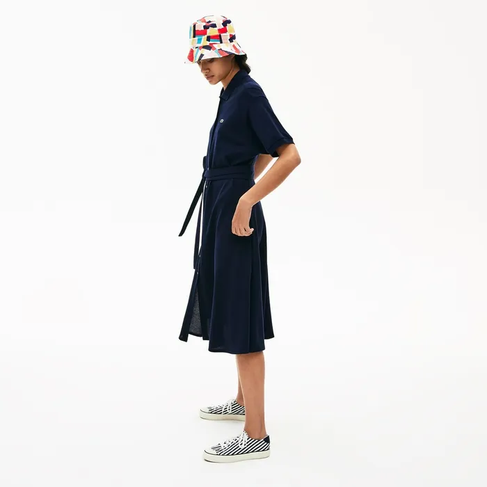 Cotton Piqu Belted Polo Dress Navy Blue Womens Lacoste Dresses and Skirts Gift 4 You