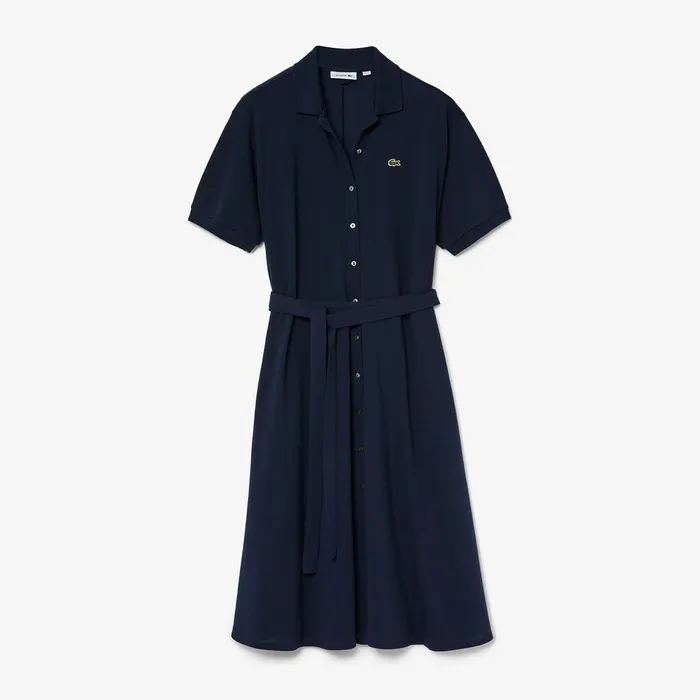 Cotton Piqu Belted Polo Dress Navy Blue Womens Lacoste Dresses and Skirts Gift 4 You