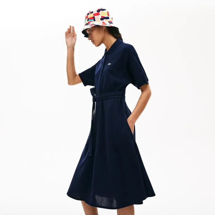 Cotton Piqu Belted Polo Dress Navy Blue Womens Lacoste Dresses and Skirts Gift 4 You