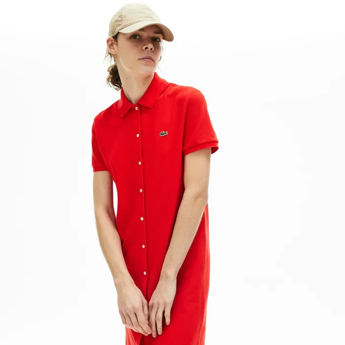 Cotton Piqu Buttoned Polo Dress Red Womens Lacoste Dresses and Skirts Shop