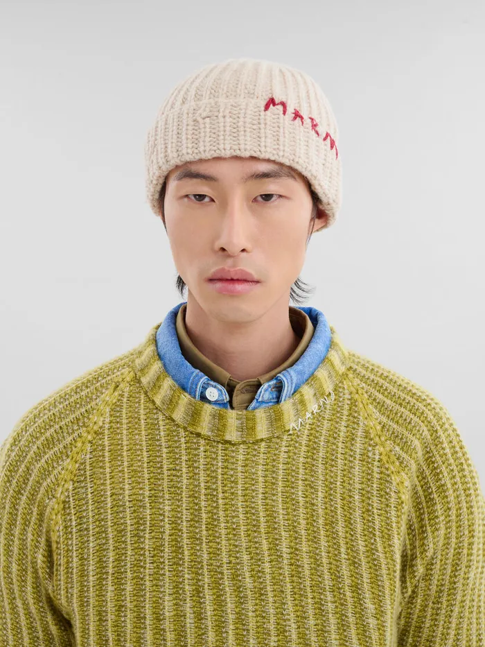 Cream Shetland Wool Beanie With Marni Mending Men Marni Hats